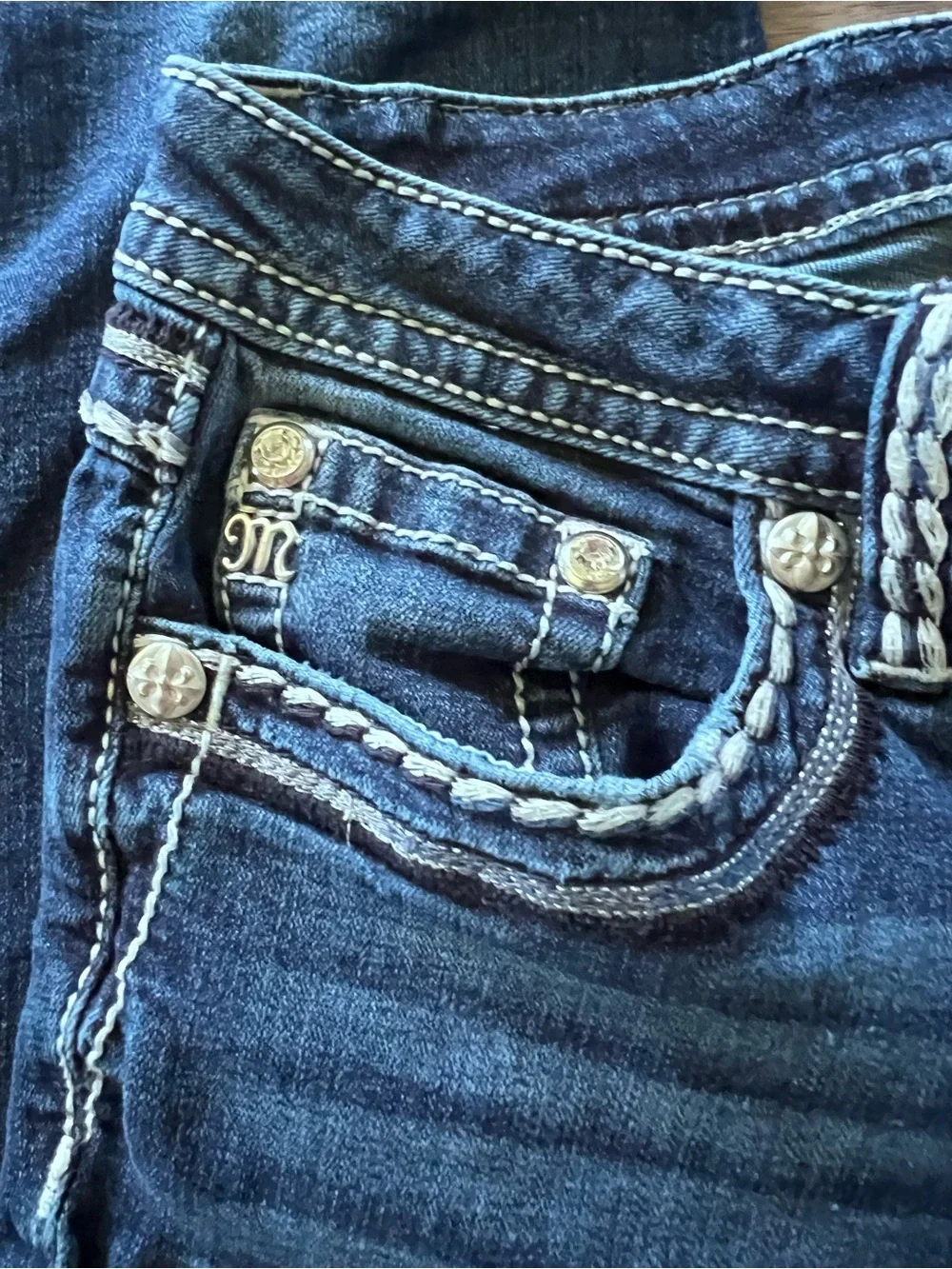 Miss Me Jeans Womens 32x31 Blue  Denim Mid Rise Rhinestone Embroidered Boot - Picture 2 of 7